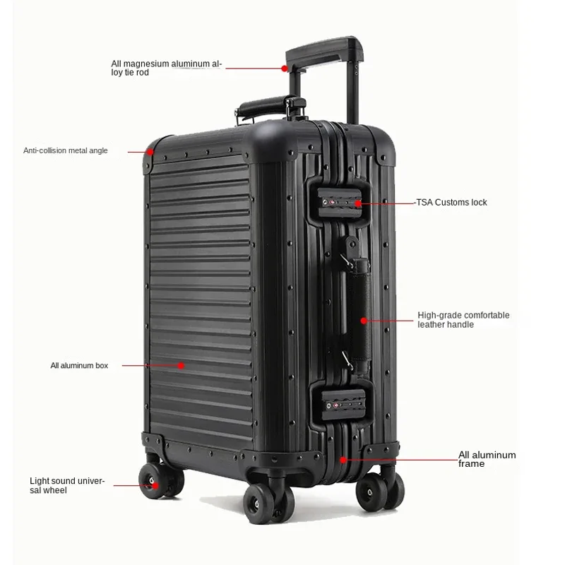 valise de voyage en alliage d'aluminium et de magnésium, bagages roulants, chariot de 20/24 pouces, valise d'embarquement de cabine à main, 100%