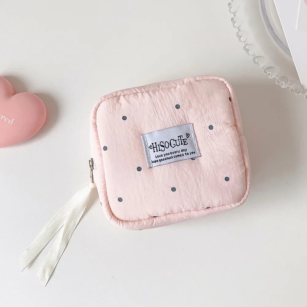 pochette cosmétique carrée à pois, petite pochette portable pour rouge à lèvres, sac de rangement simple pour serviettes hygiéniques pour étudiantes