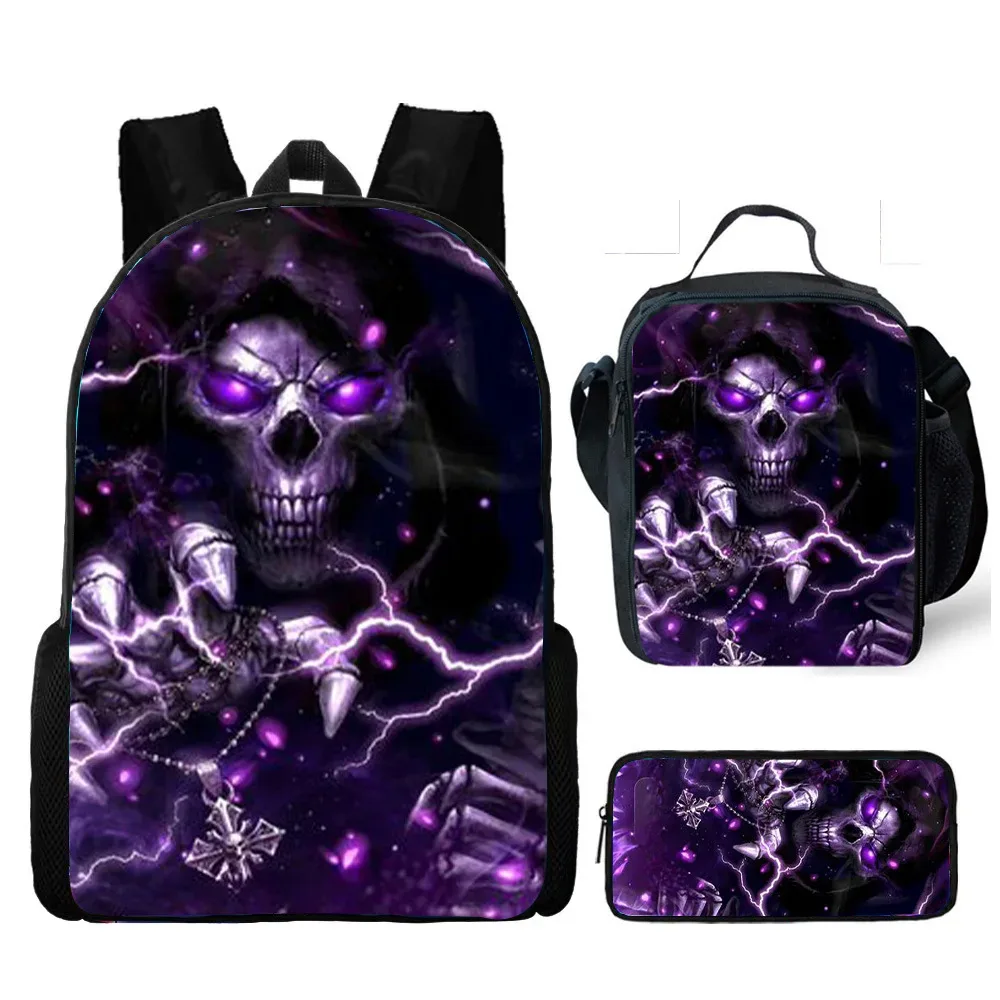 vente chaude crâne sac à dos trois pièces ensemble imprimé école primaire et secondaire sac à dos repas sac porte-crayon