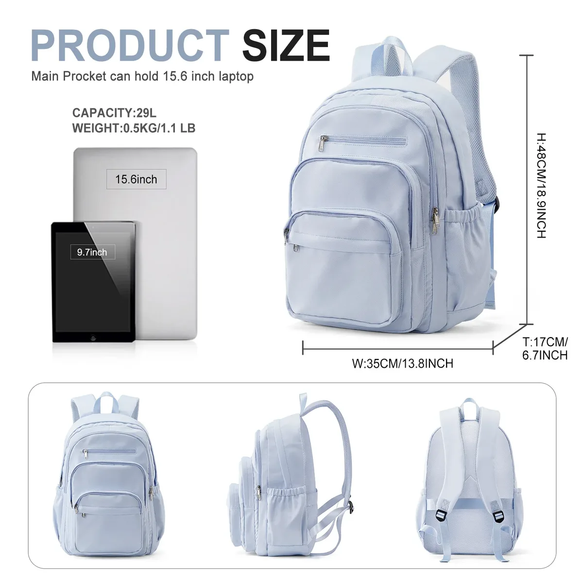 sac à dos décontracté en nylon, sac à dos pour femme, design multi-poches en bleu clair durable pour l'école, le lycée et l'université