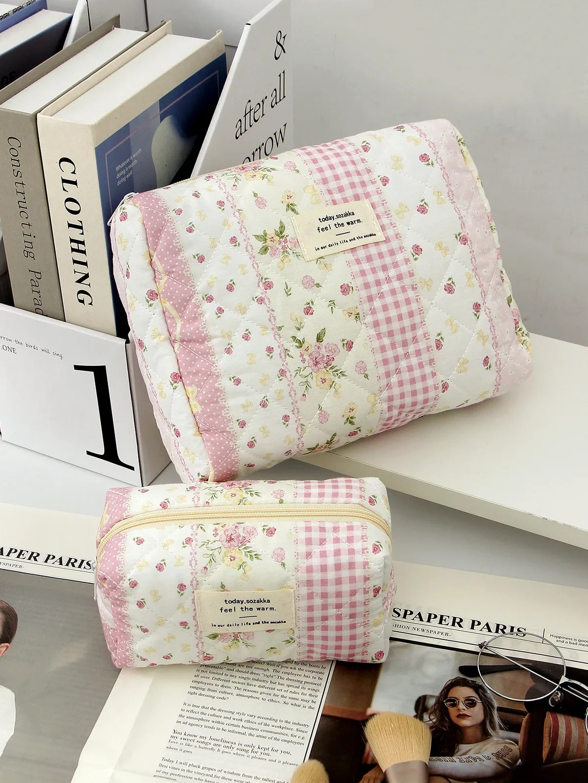 1 pièce/ensemble trousse de maquillage matelassée rose, trousse de maquillage essentielle de voyage, trousse de maquillage multifonctionnelle, trousse de maquillage mignonne de grande capacité