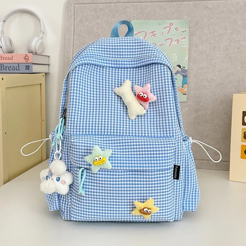 sac à dos pour femme style campus, motif écossais simple, grande capacité, décontracté, pour voyage, sac à double bandoulière en nylon, style frais et doux