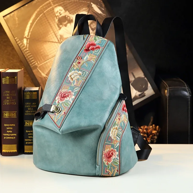 sac à dos rétro en cuir véritable pour femmes, design brodé, pour voyage, anti-vol, tendance