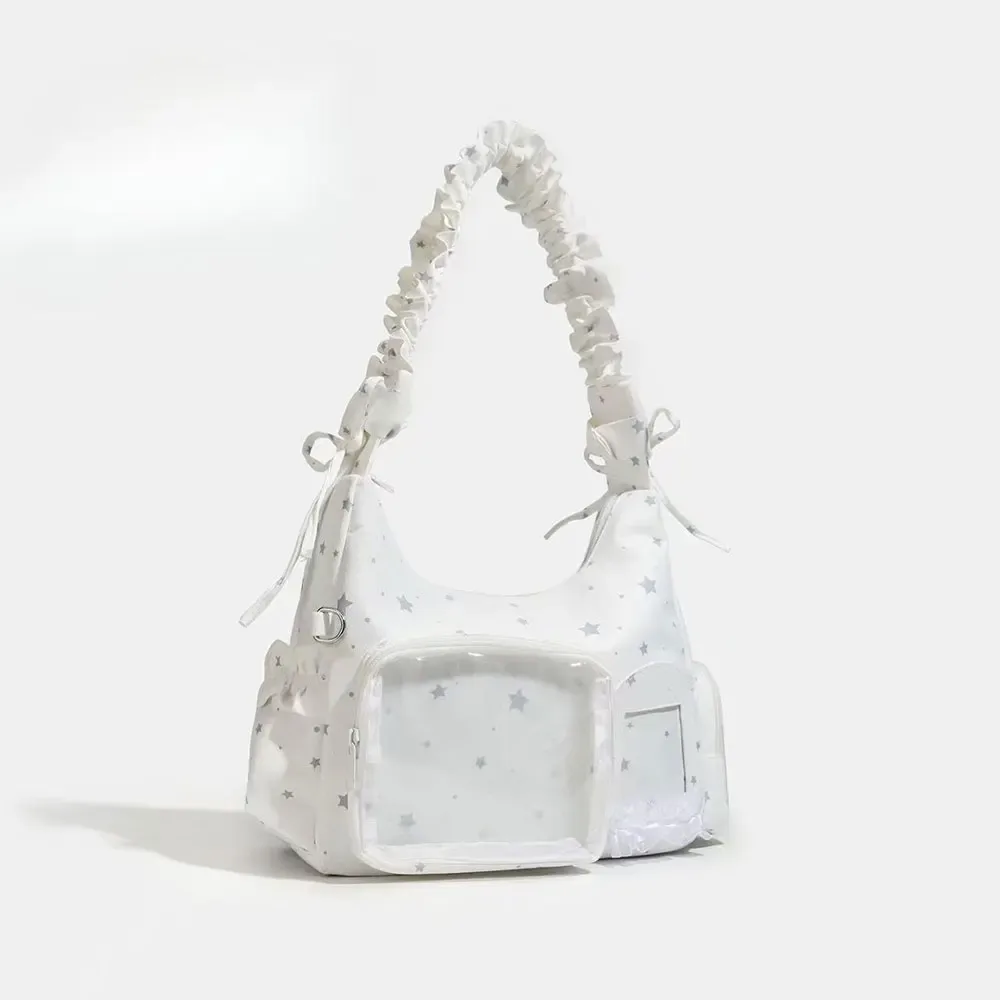 sac à bandoulière transparent à motif étoile avec volants, pochette ita, sac hobo, sac de collection pour fans, sac à main avec fenêtre transparente pour cartes photo