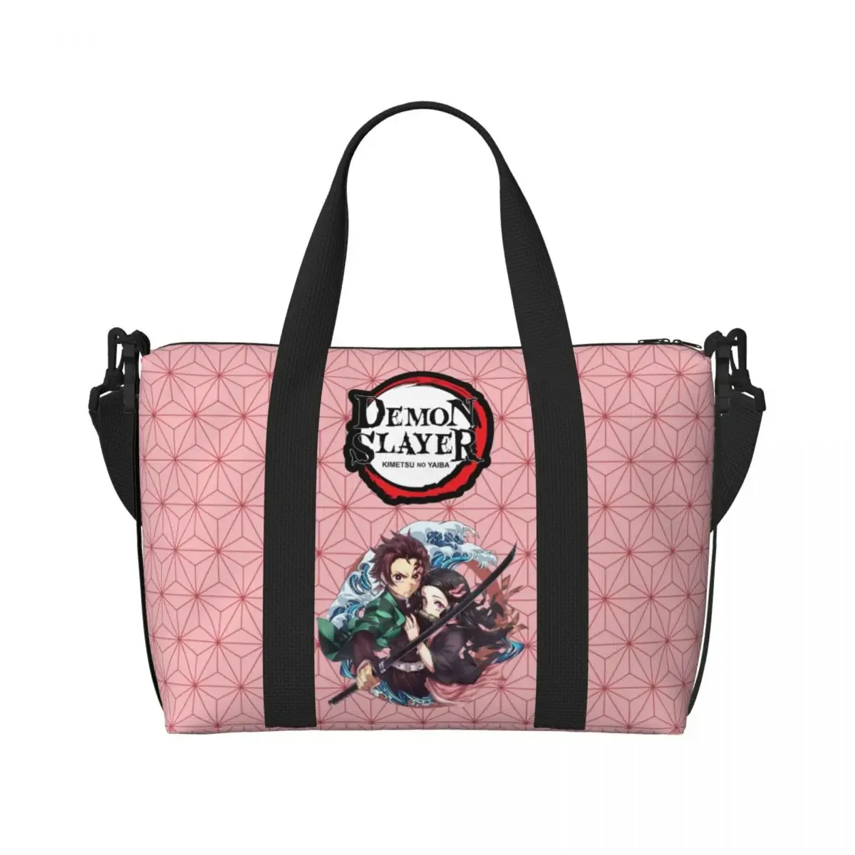 sac fourre-tout de plage personnalisé demons slayers anime manga pour femmes, tanjiro kamado nezuko, grand compartiment, sacs de voyage de plage de gym