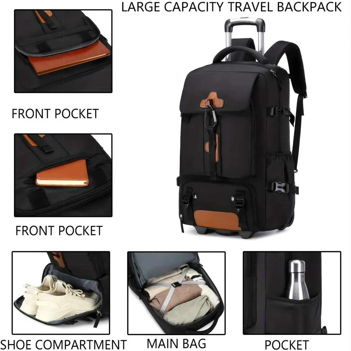 sac à dos à roulettes grande capacité, sac à dos de voyage avec roulettes, bagage à main pour hommes, sac à dos de voyage extérieur à roulettes
