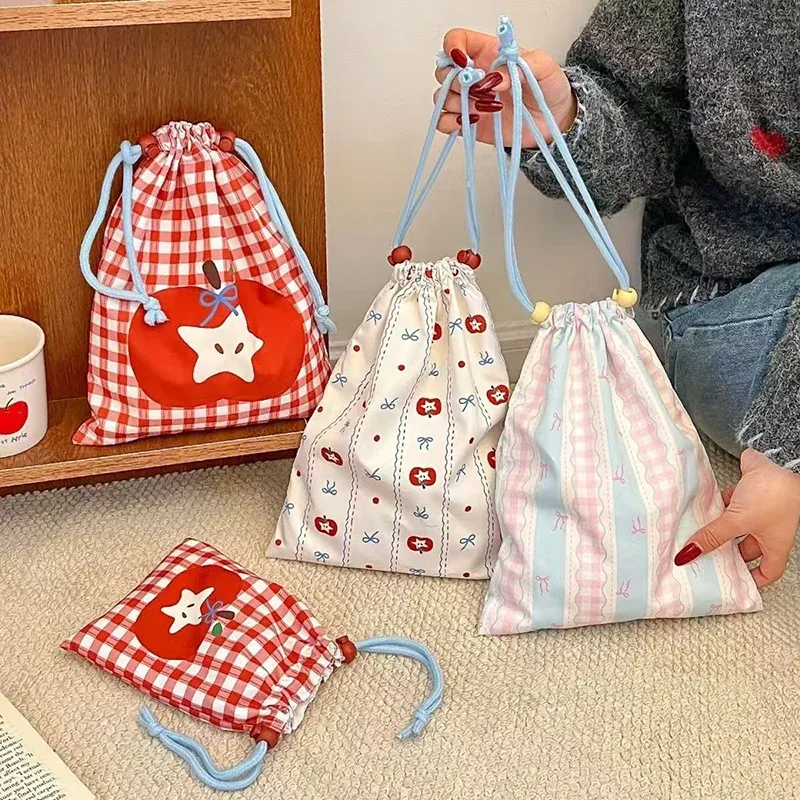 sac de rangement mignon à cordon de serrage, grande capacité, motif écossais rouge, organisateur de voyage pour vêtements et cosmétiques, pochette portable en tissu avec porte-clés apple