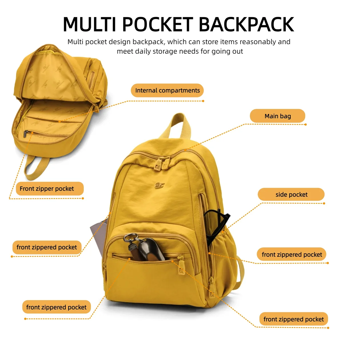 sac à dos tendance pour femmes, sac à dos léger en nylon, sac à dos pour femmes avec plusieurs poches, pour les trajets quotidiens et les week-ends