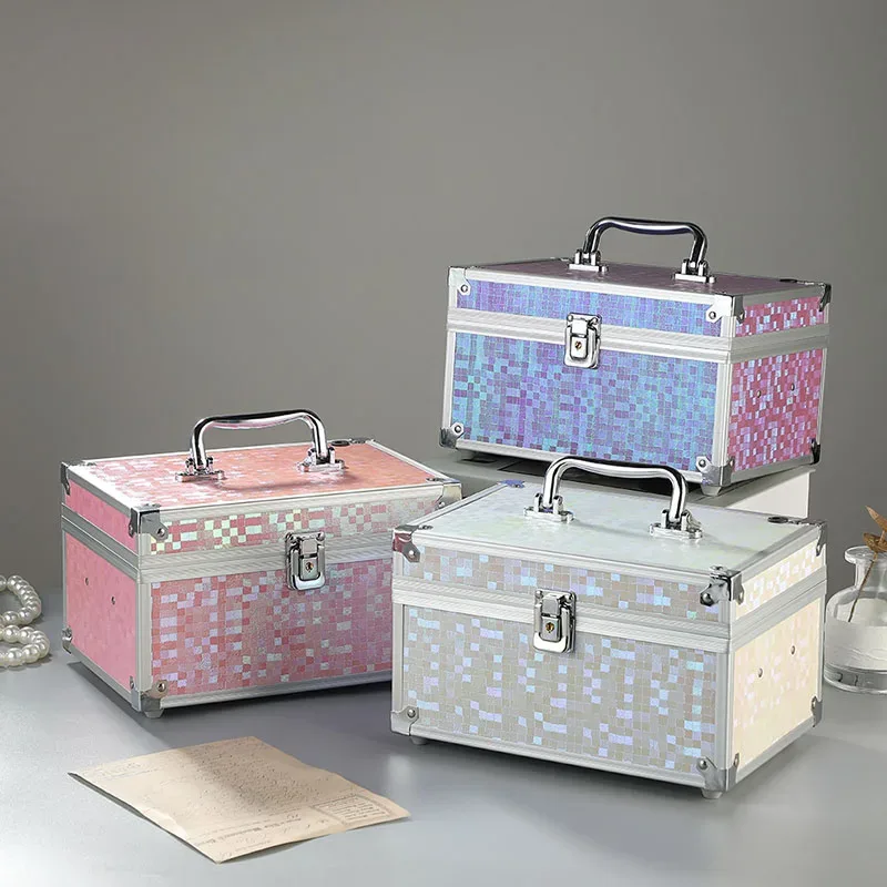 trousse de maquillage professionnelle portable avec miroir lumières led, boîte de rangement de cosmétiques en alliage de voyage, fournitures d'outils de maquillage pour salon de beauté
