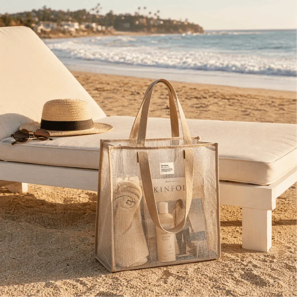 sac de voyage portable grande capacité, sac de plage multifonctionnel en maille, sac de maquillage respirant et durable, pour piscine