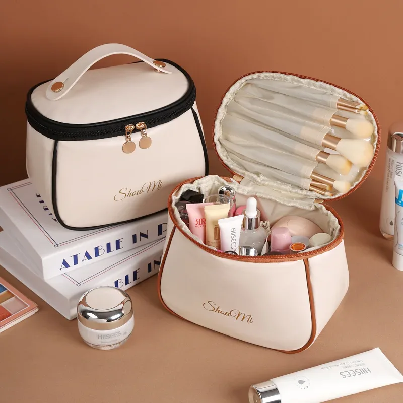sac de maquillage de voyage de grande capacité, sac organisateur de cosmétiques portable en cuir pu, sac de toilette imperméable avec poignée, sac de rangement pour produits de soin de la peau