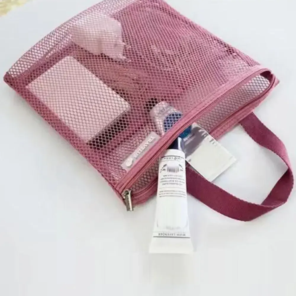 sac de douche de rangement de voyage en maille, sac de toilette de plage, sac à cosmétiques, sac à main en maille, sac de rangement d'articles de toilette pour l'extérieur suppleis