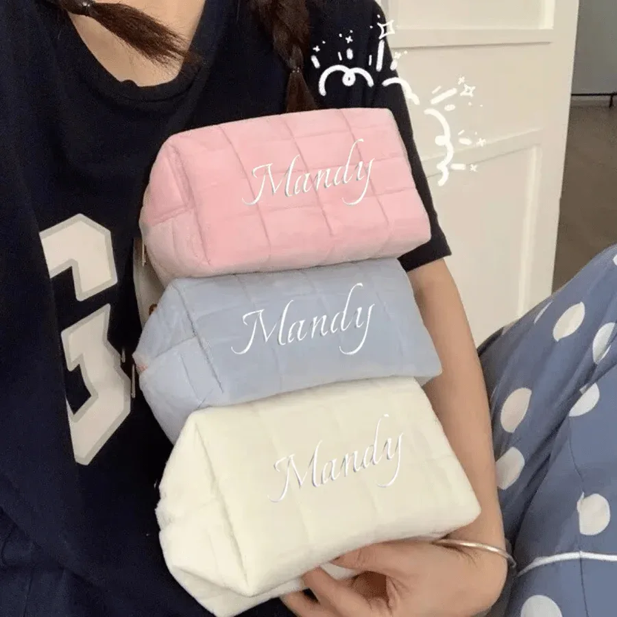 sac de rangement cosmétique en fourrure unie personnalisé avec nom, pour femme, avec fermeture éclair, organiseur de maquillage, sac à main, trousse à crayons, trousse de toilette de voyage