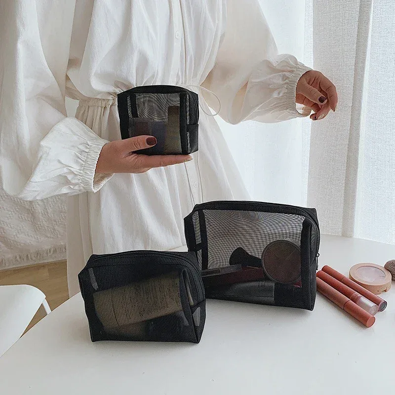 sacs à cosmétiques transparents en maille, petite et grande trousse de maquillage noire, trousse de toilette d