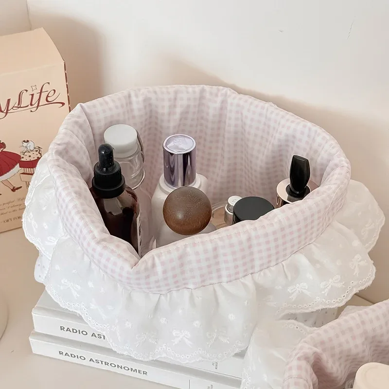 trousse de maquillage coréenne en dentelle à pois, étui de voyage tendance pour filles, grande capacité, rangement cosmétique, organisateur de pinceaux