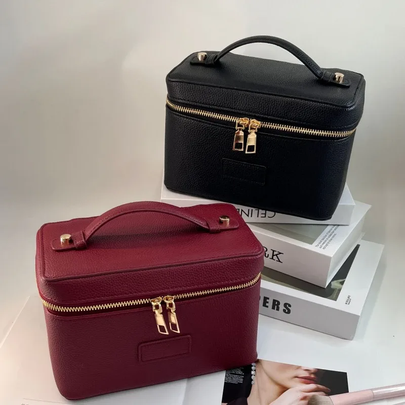 Trousse de Maquillage en Cuir PU Lychee Grande Capacité avec Séparateurs, Double Fermeture Éclair, Sac de Voyage Portable pour Cosmétiques et Articles de Toilette
