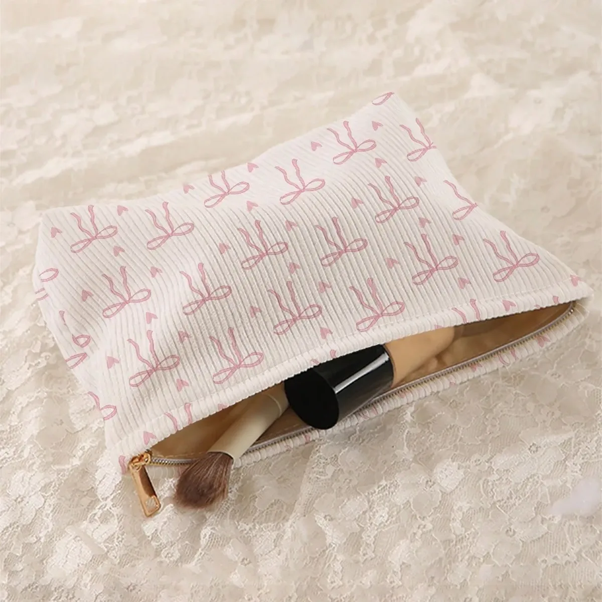 sac à cosmétiques à nœud papillon rose, organisateur de maquillage à fermeture éclair en velours côtelé, sac de rangement de cosmétiques léger et portable pour femmes, sac à main de voyage
