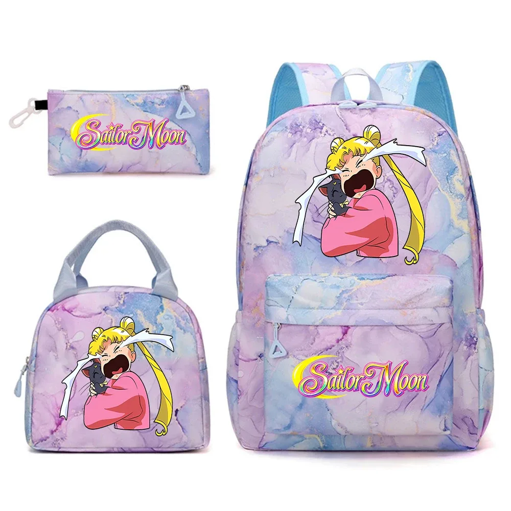 ensemble de sacs d'école anime sailor moon 3 en 1, sac à dos, boîte à lunch, trousse à crayons, sac à dos kawaii pour adolescentes, voyage en plein air