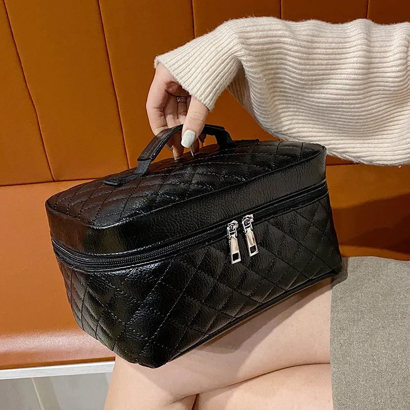 sac de maquillage de voyage de mode, grande capacité, noir, fil à broder en pu, grille de diamant, sac de toilette, sac de rangement de maquillage