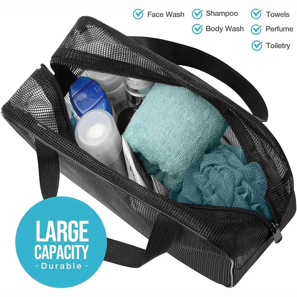 sac de douche en maille, sac de rangement cosmétique, sac de douche multifonctionnel, grande capacité, organisateur de toilette portable