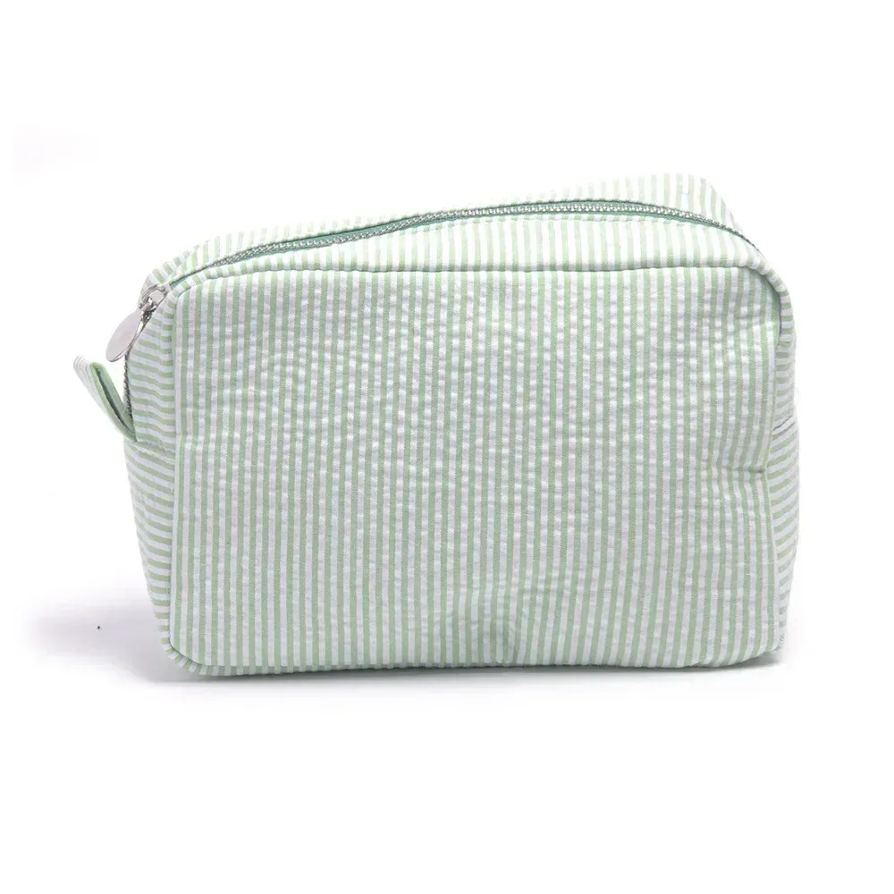 sacs à cosmétiques à volants en seersucker, sacs de rangement à rayures roses/violettes pour femmes, sac de voyage avec fermeture éclair, sac de maquillage