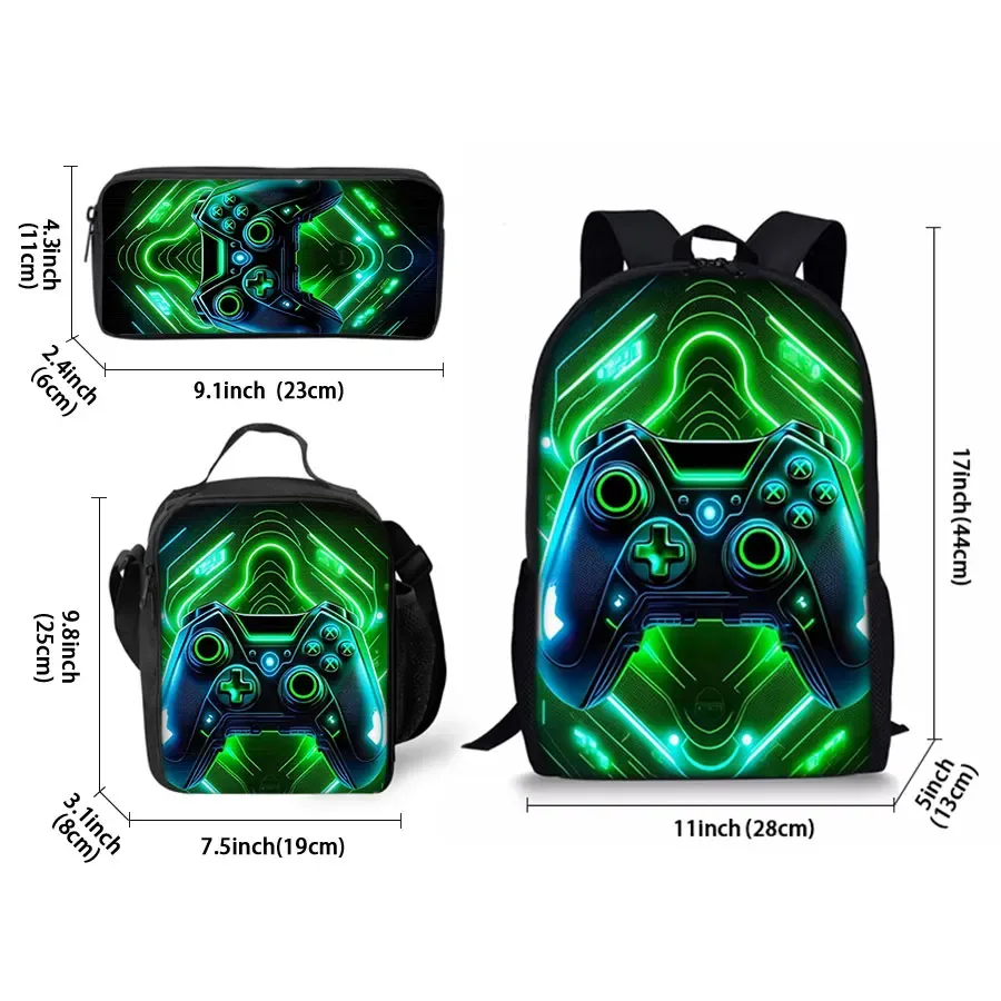 Sac à dos à motif console de jeu, ensemble de trois pièces, pour garçons et filles, meilleurs cadeaux, sac à dos scolaire 2D plat dessin animé pour enfants