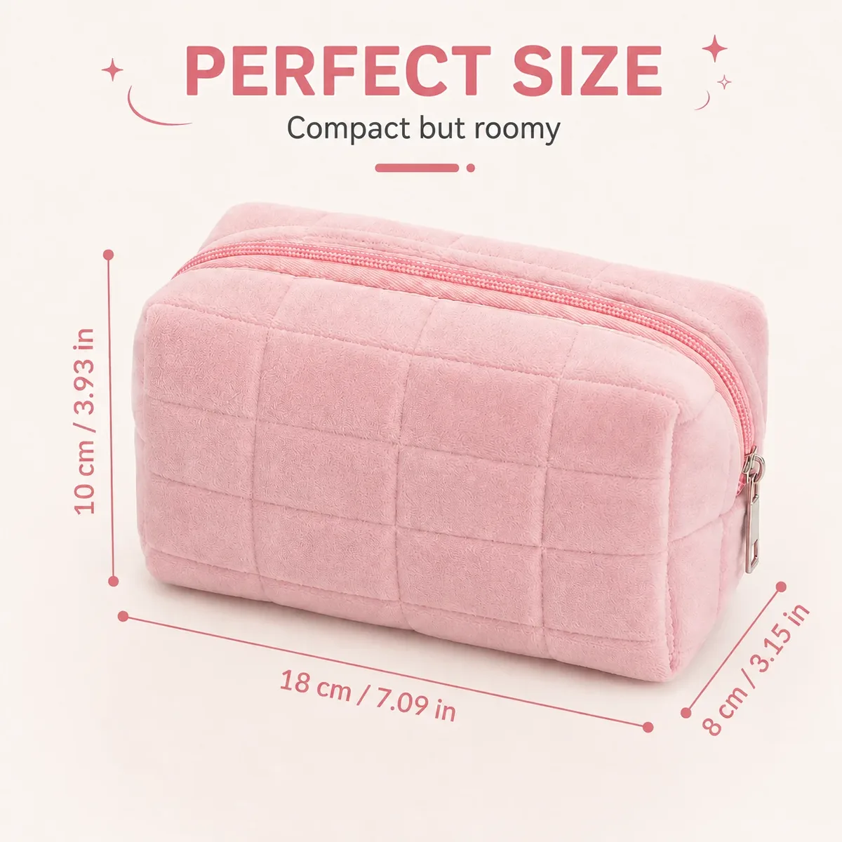 sac de maquillage matelassé en peluche douce, grande capacité, pochette cosmétique portable à fermeture éclair, sac de rangement pour articles de toilette et de soin de la peau pour voyage.