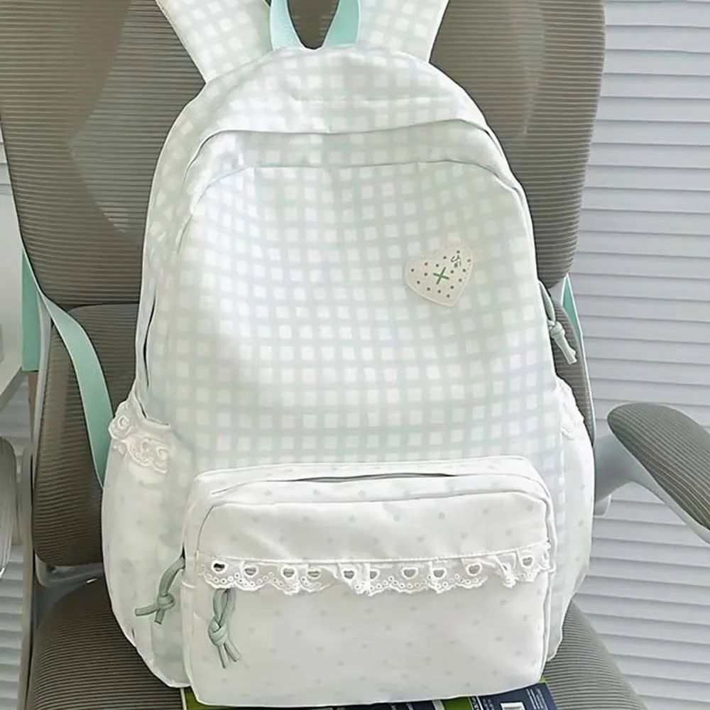 sac à dos coréen à carreaux gingham, design à volants, couleurs pastel, sac d'école en dentelle, bretelles réglables, sac à dos à pois et à carreaux pour le quotidien et les voyages