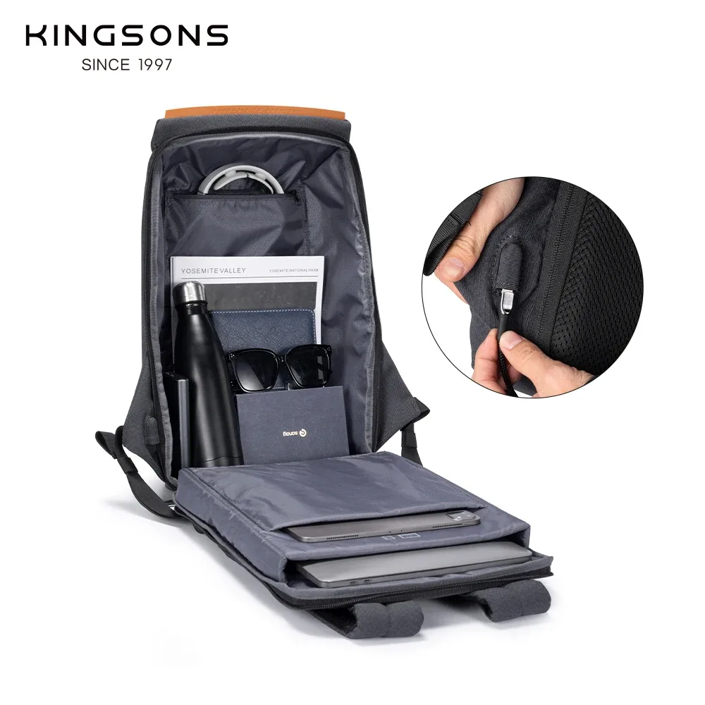 kingsons 180 °   sac à dos fin pour ordinateur portable, pour hommes et femmes, 15,6 pouces, antivol, imperméable, avec port usb, léger, pour affaires