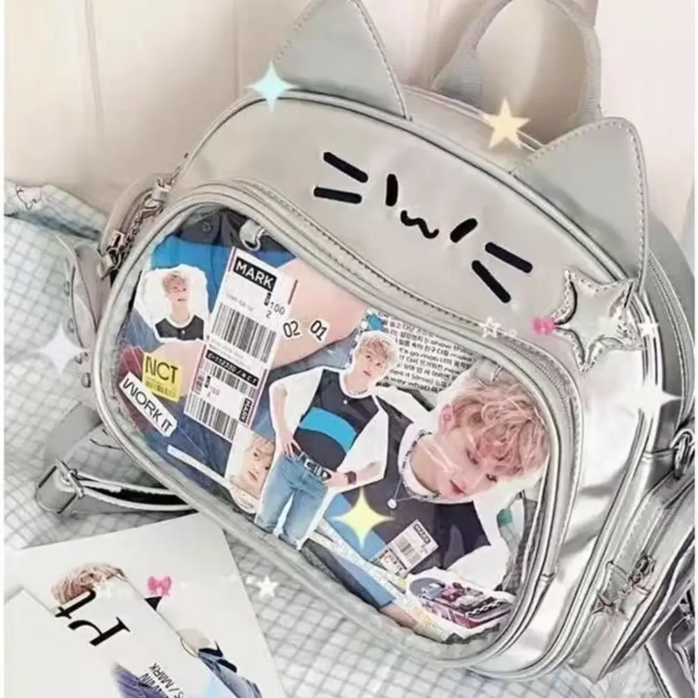 y2k coréen kawaii chat lolita sac mignon pu sac à bandoulière filles poche transparente harajuku sac à bandoulière femmes mode sacs à dos