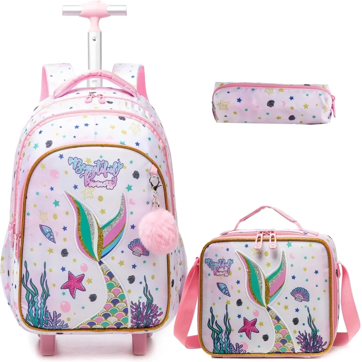 ensemble de sac à dos à roulettes pour enfants avec boîte à lunch, sac à dos scolaire à roulettes, sac à dos trolley pour filles