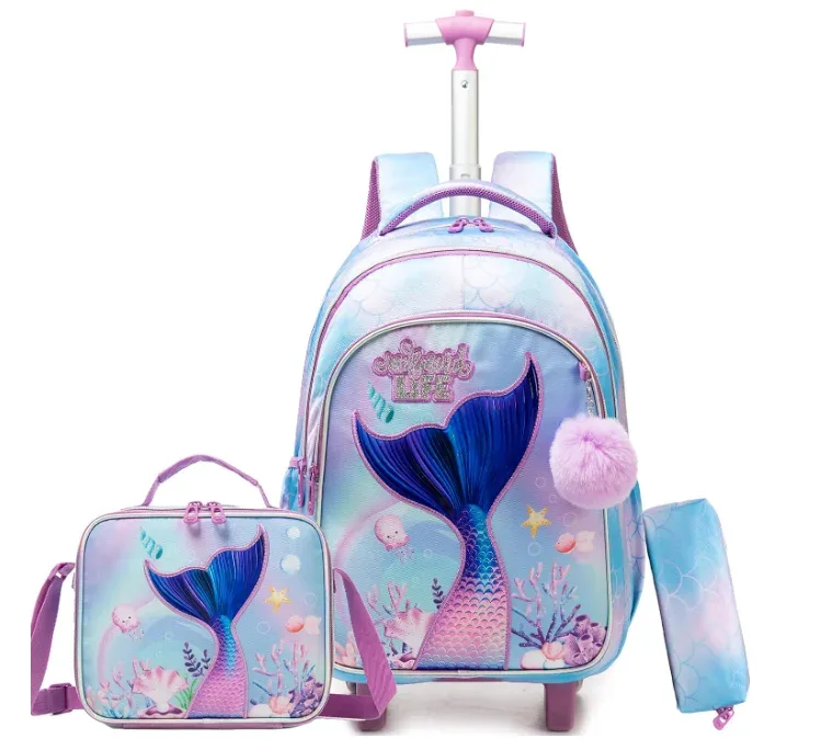 ensemble de sacs à dos à roulettes pour filles, chariot de voyage de 16 pouces, sac à dos à roulettes, sac à déjeuner, sac à stylos, sacs à roulettes d'école 3 en 1
