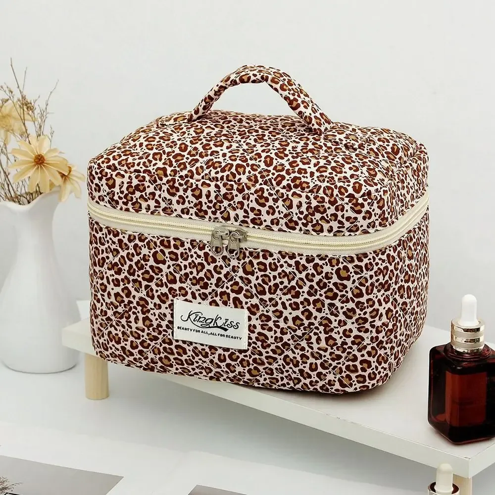 trousse de maquillage matelassée en coton imprimé floral, plusieurs tailles, sac à cosmétiques multifonctionnel imprimé léopard, pochettes à main de voyage