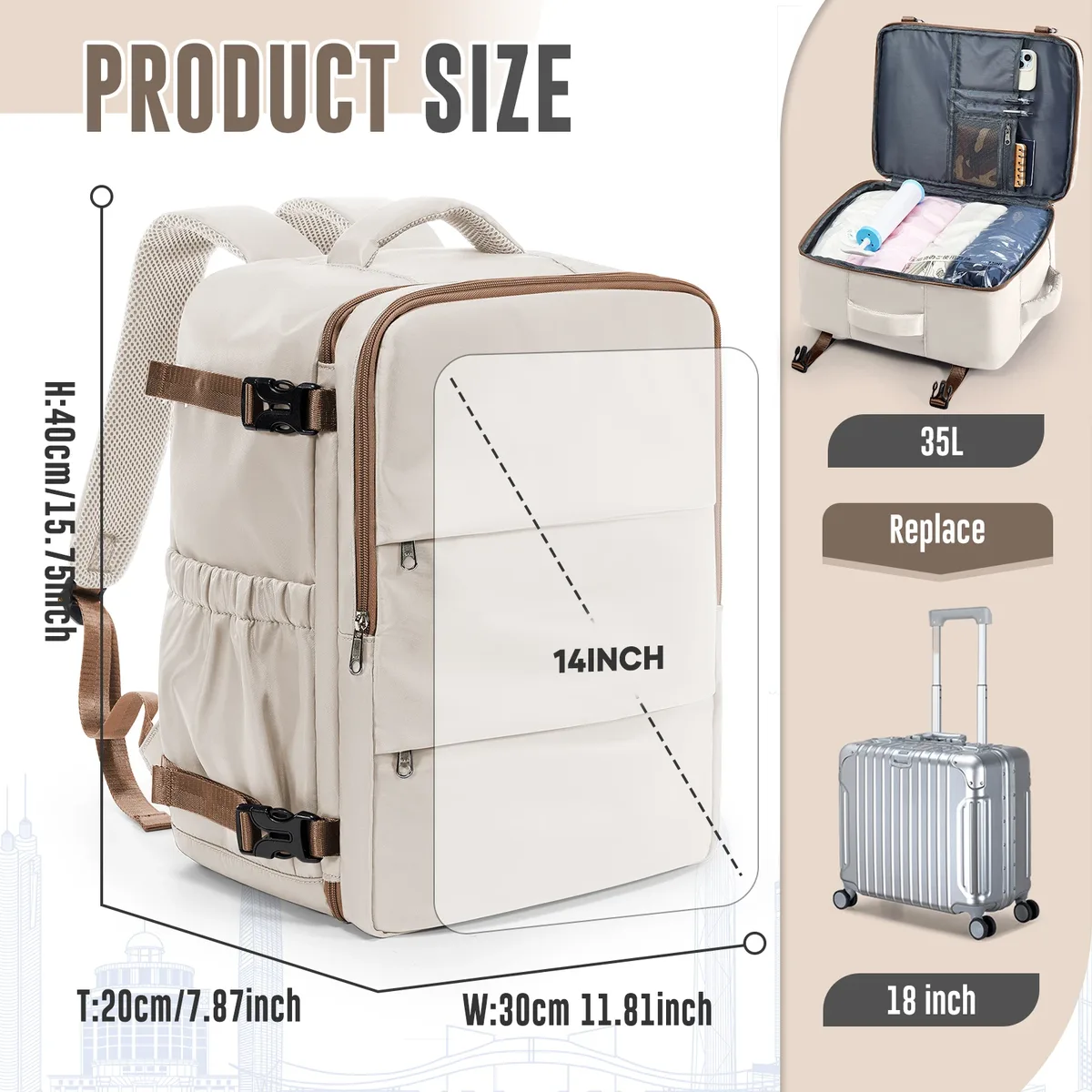 Sac à dos de voyage pour cabine d'avion 40x30x20, sac à dos Ryanair, bagage à main Wizzair, sacs de voyage, sacs sous vide et pompe inclus