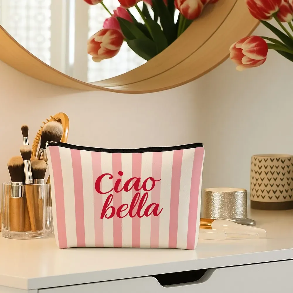 trousse de maquillage ciao bella à thème italien, double face, rayée rose et blanc, adaptée au style européen, pochette de rangement pour voyage
