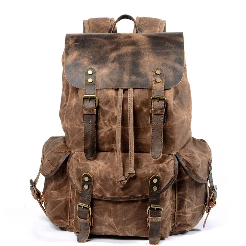 sac à dos nesitu en cuir véritable et toile cirée, pour ordinateur portable a4, coloris kaki, noir, gris, vert, pour hommes et femmes, idéal pour la randonnée et les voyages, sac de sport m6105