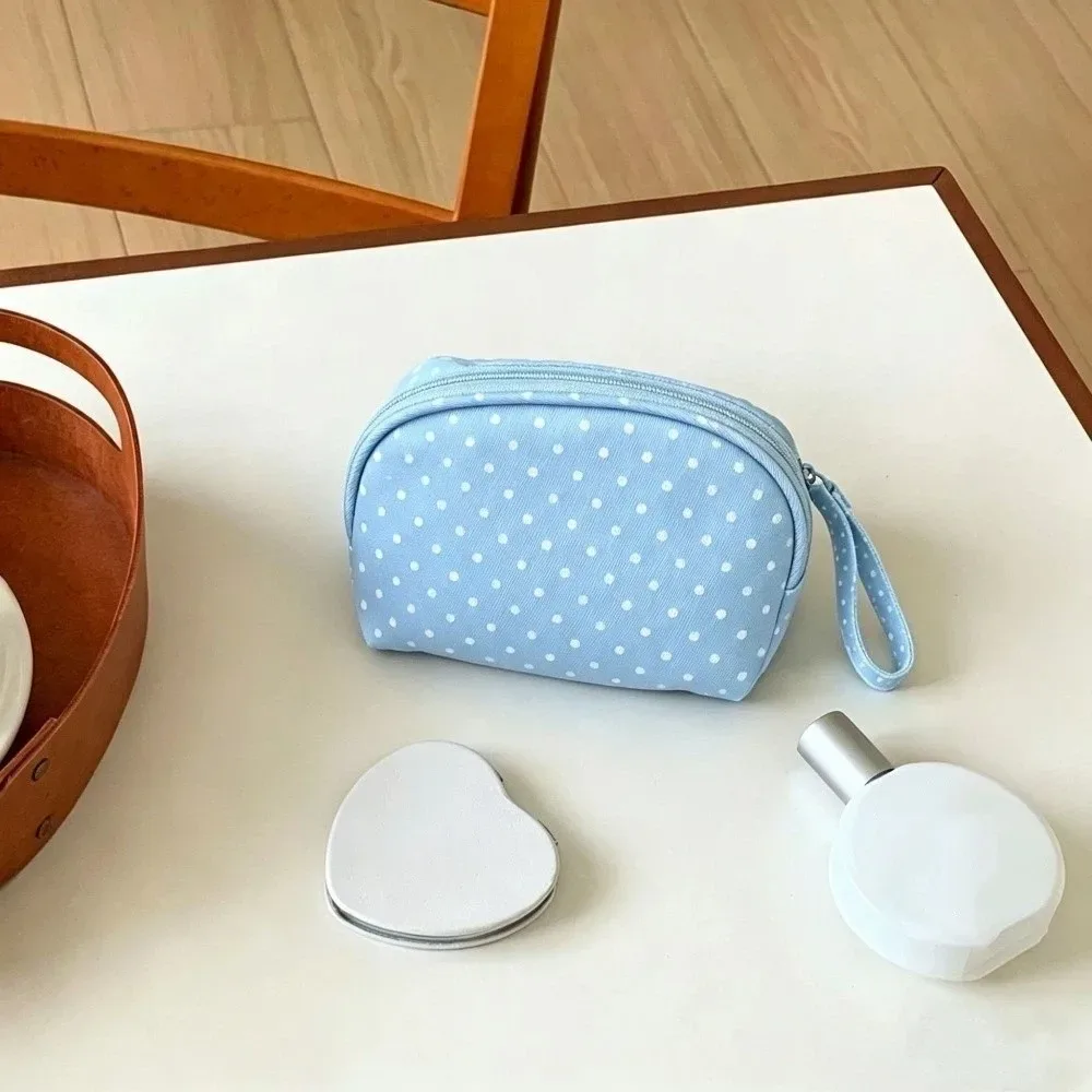 trousse de maquillage mignonne en polyester à pois bleu clair, pochette cosmétique multi-tailles à fermeture éclair, sac de voyage à carreaux pour articles de toilette, sac de rangement portable