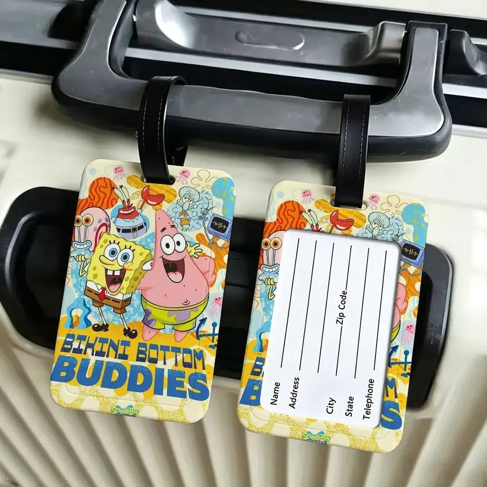étiquette d'identification de bagage anti-perte en pvc, motif classique de dessin animé s-spongebob, avec porte-carte d'informations amovible, étiquette de bagage de voyage.