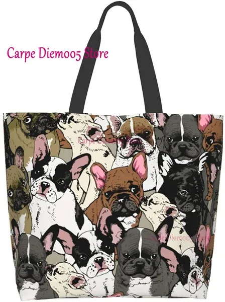 sac fourre-tout grande capacité pour femme, sac d'épicerie pour femme, bouledogues français mignons, initié