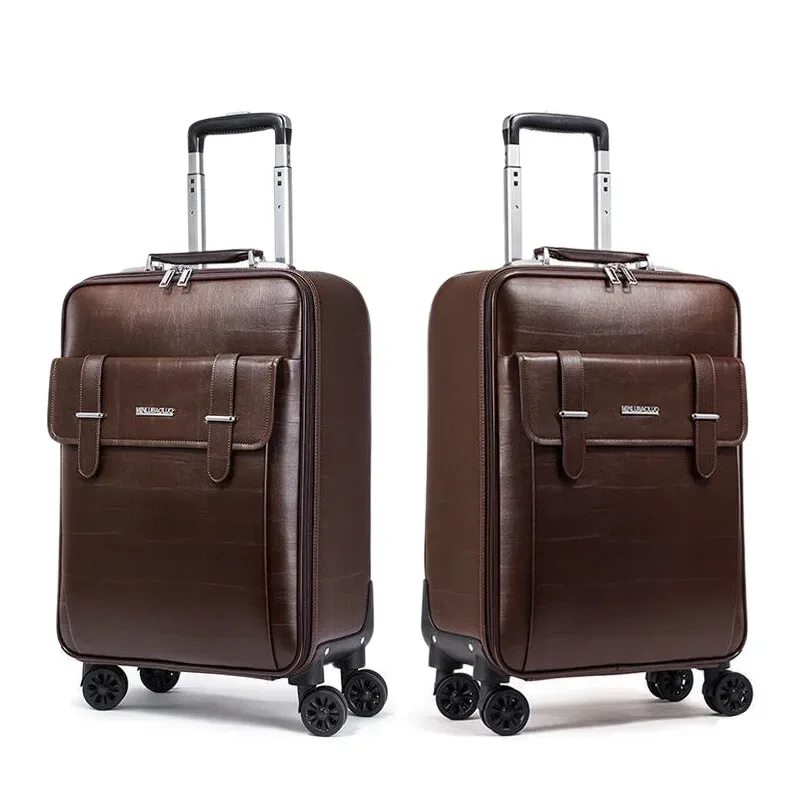 valise à roulettes en cuir véritable pour hommes, bagage à main avec 4 roulettes, valise de voyage d'affaires