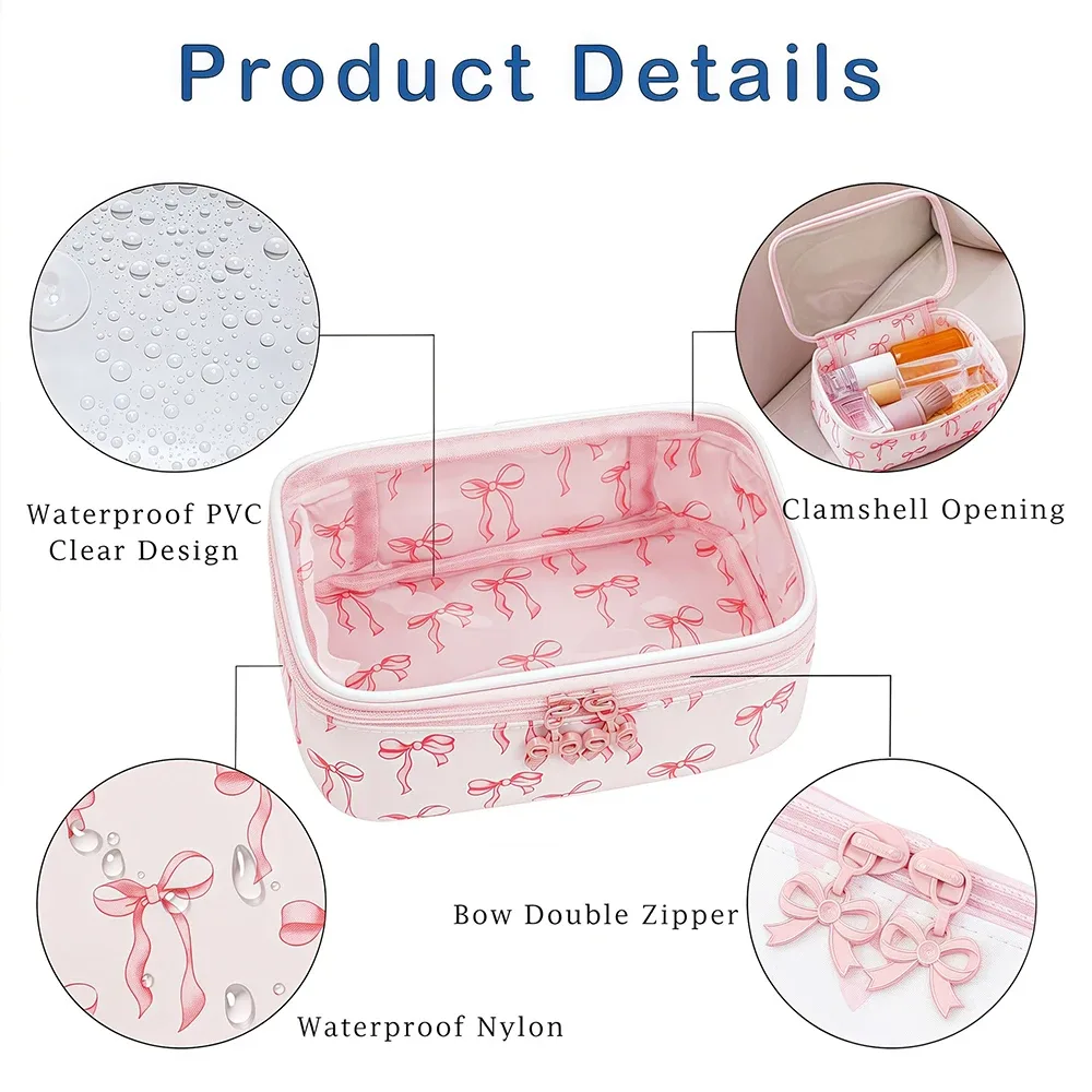pochette de toilette transparente en pvc avec imprimé nœud, grande capacité, étanche, portable, pour voyage, organiseur de maquillage mignon pour femmes