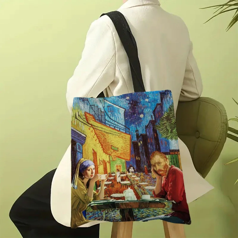 sac en toile imprimé la série van gogh, sac à bandoulière léger, sac de shopping polyvalent, sac à main de support