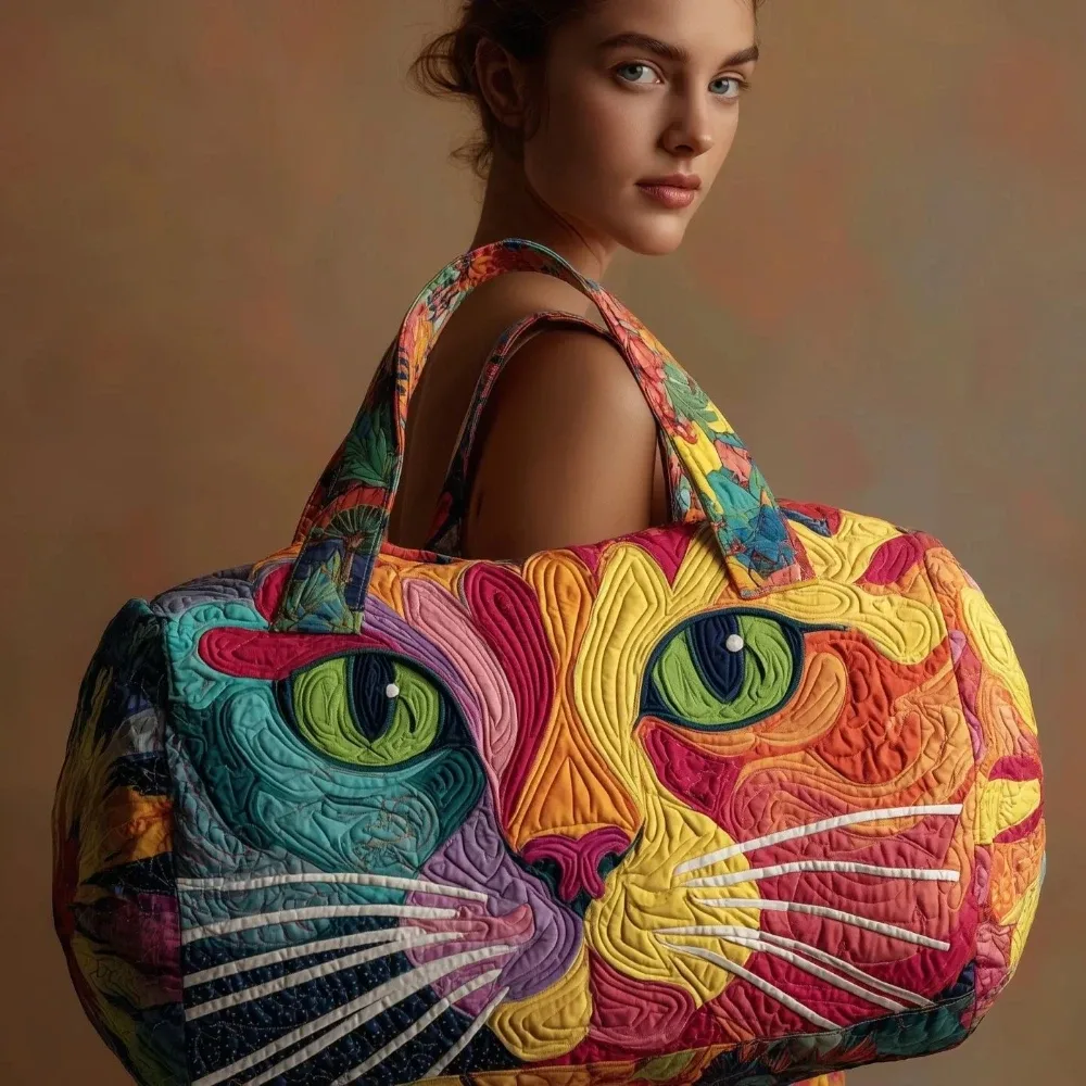 sac fourre-tout matelassé 3d mignon avec motif chat, citrouille d'halloween, feuilles d'automne et fleurs, sac à main de voyage unique, cadeau pour les amoureux des chats, sac à bandoulière