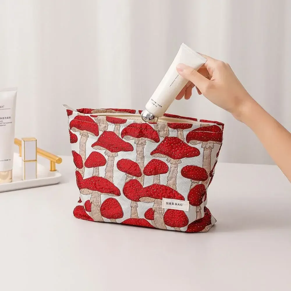 sac de maquillage en toile simple, sac de rangement de lavage imprimé champignon rouge, sac à main portable de taille m/l, rangement de produits de soins de la peau