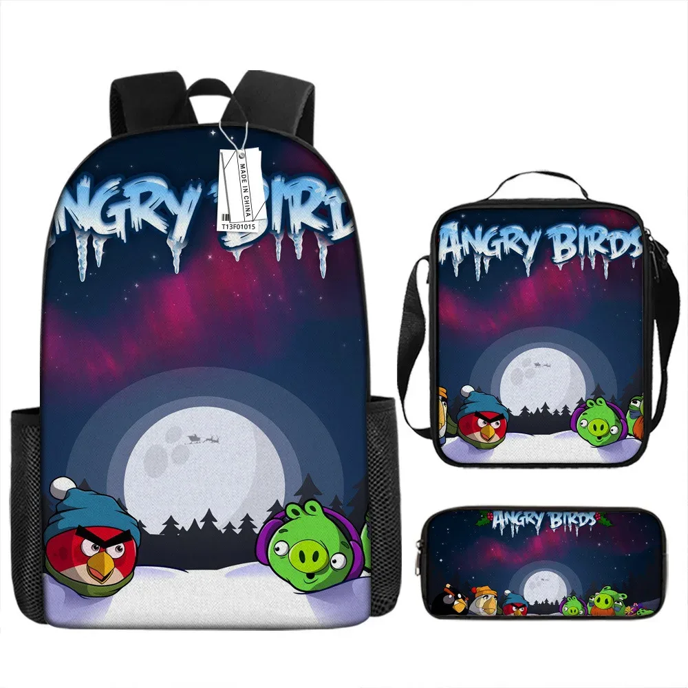 sacs d'école de luxe originaux et cool avec impression 3d angry birds, 3 pièces/ensemble, sac à dos pour ordinateur portable, sac à déjeuner, trousse à crayons