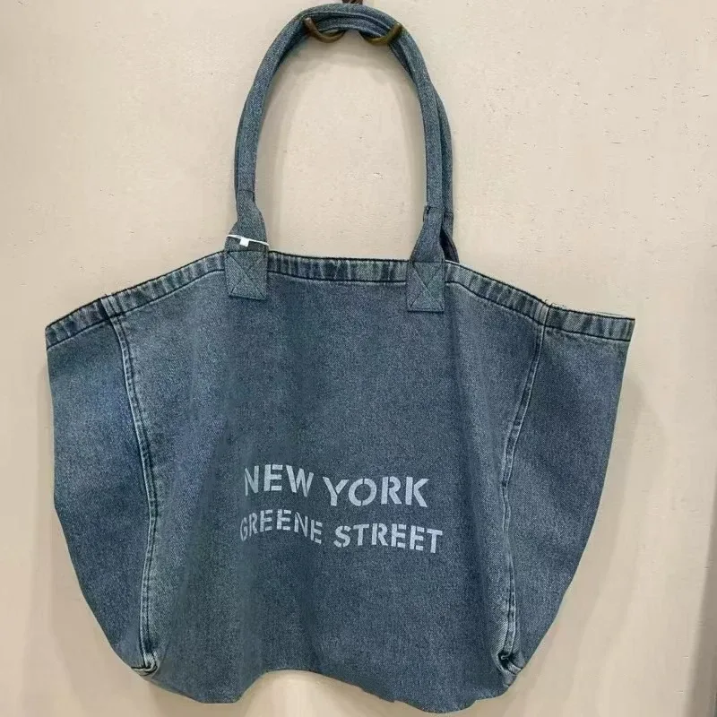 sac fourre-tout en toile denim pour femme, grande capacité, sac de shopping, sac à main décontracté artistique avec lettres, style américain, doublure en polyester souple