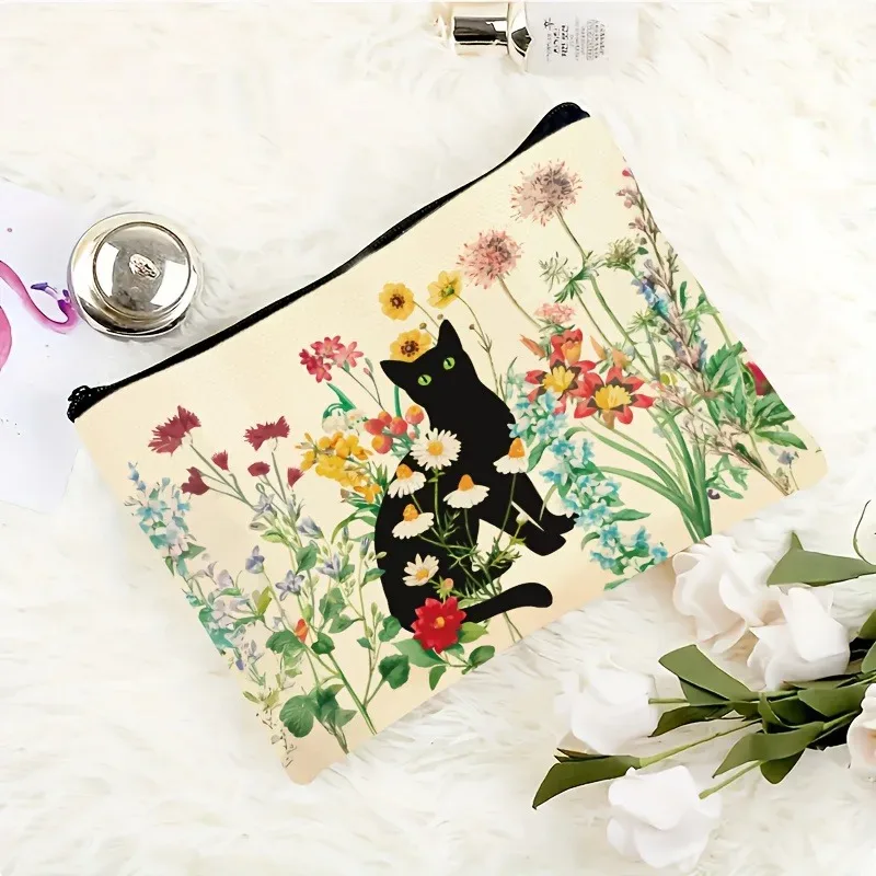 trousse de maquillage florale chat noir, grande capacité, cadeau d'halloween pour femmes, sacs à cosmétiques, pochette à fermeture éclair, trousse à crayons rétro, cadeaux de noël