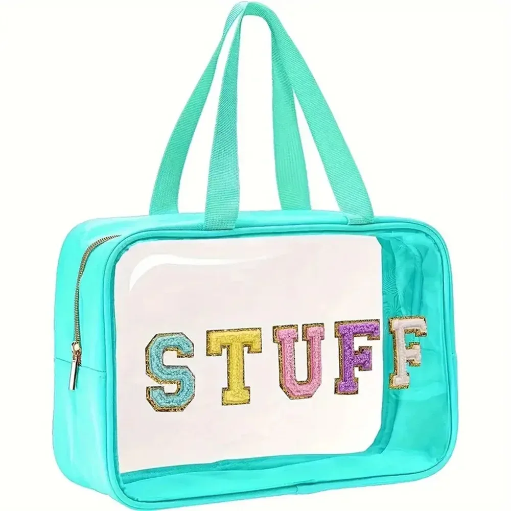 sac de maquillage transparent en pvc avec lettres brodées, sac de voyage imperméable de grande capacité, élégant organisateur de cosmétiques portable.
