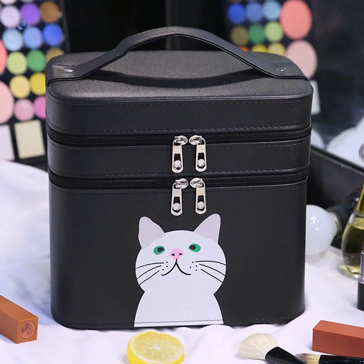 trousse de maquillage en pu pour chaton, sac de voyage portable, double boîte de rangement mignonne, couleur bonbon, vente en gros, nouveau
