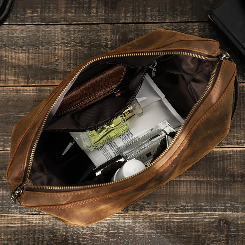 contact's crazy horse – trousse à cosmétiques en cuir pour hommes, trousse de toilette, pochette de maquillage pour hommes, rangement de lavage de voyage vintage, grande capacité